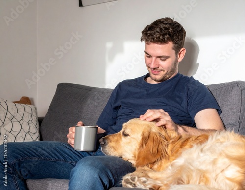 Young man sitting on sofa with coffee mug and petting golden retriever dog – relaxed weekend morning at home, cozy pet lifestyle, emotional bonding, mindful living, comfort, warmth, and companionship