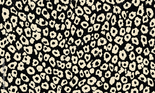 Leopard print pattern, seamless repeating pattern, simple vector illustration, flat color blocks, black background, cream and white tones.