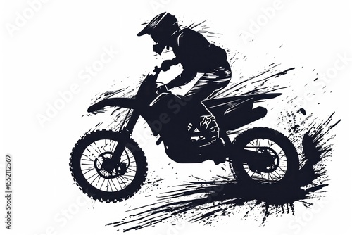 Motocross rider in action. Grunge 2d illustration. Motocross rider on the race. Black and white illustration. Motorsport Concept with Copy Space.	