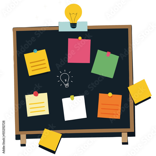 Flat illustration of a chalkboard with pinned notes and a light bulb symbolizing ideas or brainstorming.