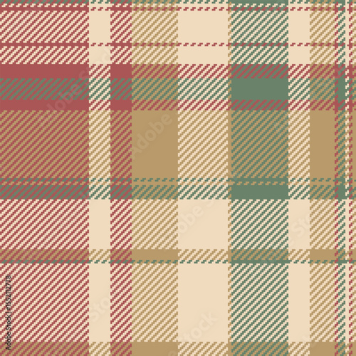 Elegant autumnal plaid pattern.  Warm earthy tones of beige, red, and green create a cozy, sophisticated texture ideal for fall fashion, home decor, or textile designs.