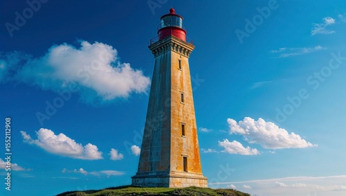 Tall golden lighthouse with red lantern under vivid blue sky and scattered fluffy clouds on a grassy hill