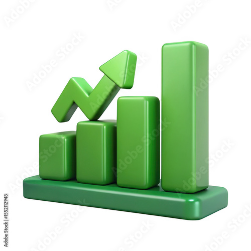 Green bar graph with arrow pointing upwards isolated on transparent background