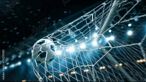 A powerful soccer ball hits the goal net during an intense match in a vibrant stadium filled with cheering fans. The excitement rises as the ball finds its mark
