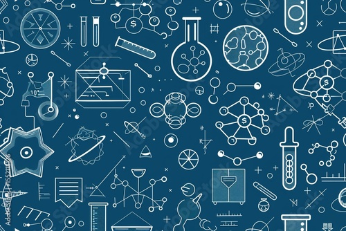 Science icons on dark blue background representing research and scientific exploration