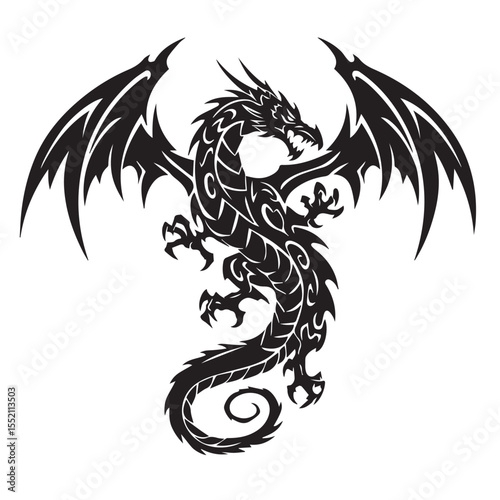 A bold tribal-style dragon tattoo design in pure black ink, with sharp wings, curled tail, and spiked body, symmetrical and isolated on a white background