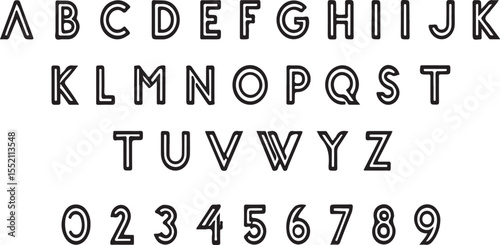 Complete alphabet and numbers set in a unique outline font style