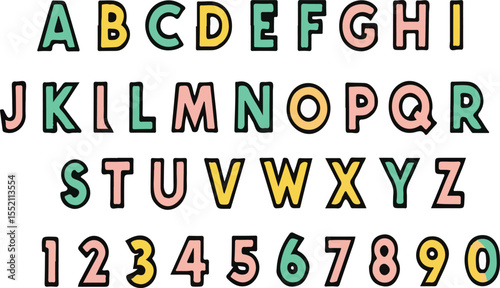 Colorful alphabet and numbers with a playful hand drawn style on a white background
