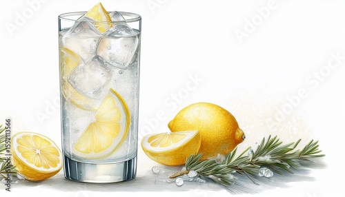 gin fizz cocktail with ice cubes and lemon slices in highball glass watercolor illustration of classic fizzy gin drink with citrus alcoholic beverage concept