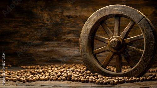 una ruleta de madera o rueda de madera obsoleta de carruaje artesania con piedras de madera o perlas decorativas dentro de un lugar o establo de madera con espacio de copia