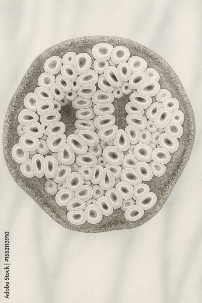 Obraz premium A detailed scientific illustration of a biological cross section viewed under a microscope, showing a dense circular arrangement of ring-like cells with central indentations.