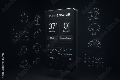 Futuristic smart refrigerator touchscreen interface displaying temperature energy saving mode and food icons in dark kitchen environment with minimal digital charts and modern design