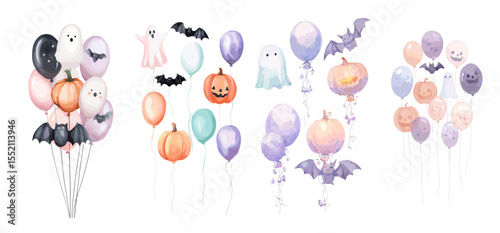 Halloween-themed balloons featuring ghosts, bats, and pumpkins  
