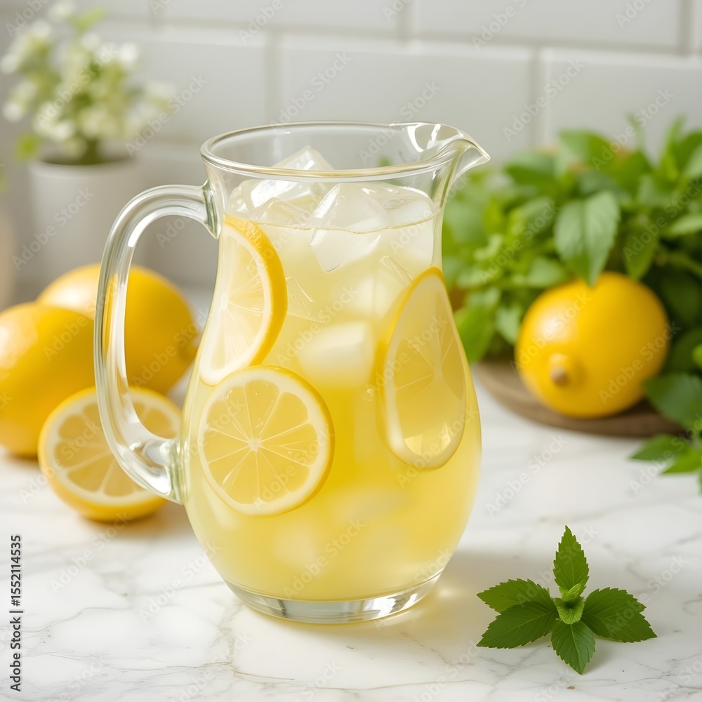 Fototapeta premium Refreshing Lemonade Pitcher with Lemon Slices Ice and Mint Leaves