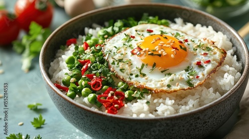 Asian rice bowl food poster mockup with fried egg and herbs
