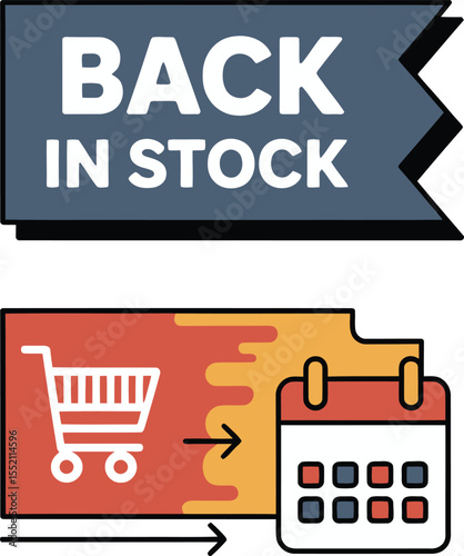 Back in Stock Illustration with Calendar and Shopping Cart Symbolizing Restocked Items Available for Purchase at a Later Date