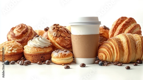 Bakery poster mockup with assorted pastries and coffee cup on white background
