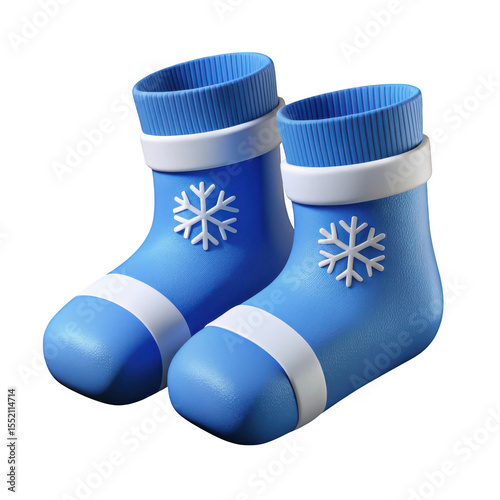Pair of blue winter socks with snowflakes isolated on transparent background