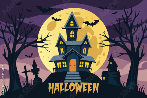 Scary Halloween night illustration with a haunted castle, full moon, and spooky trees, bats, and pumpkins