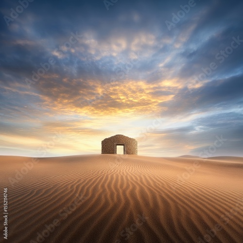 Sand Dunes with Ancient Stone Gateway at Sunset in Desert Landscape