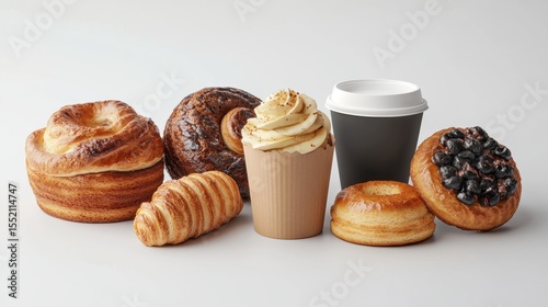 Bakery poster mockup with assorted pastries and coffee cup on white background