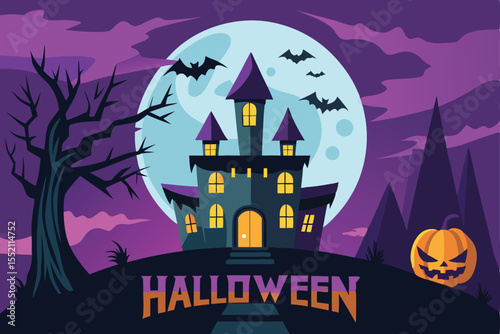 Spooky Halloween night with a haunted castle, silhouetted trees, and a scary pumpkin