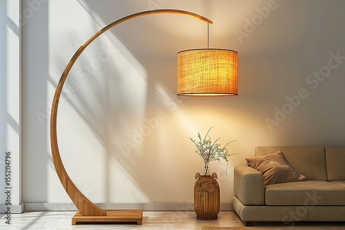 Stylish wooden arc floor lamp illuminating a cozy living room with ambient lighting