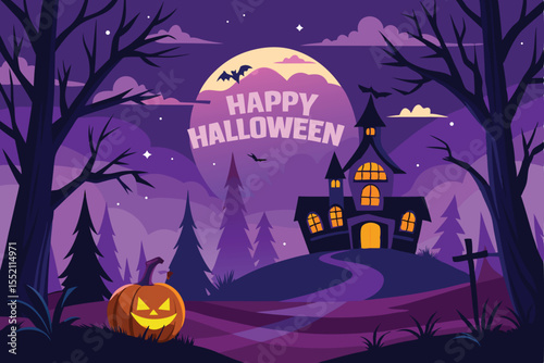 Spooky Halloween night with a haunted house, moon, bats, and pumpkins illustration