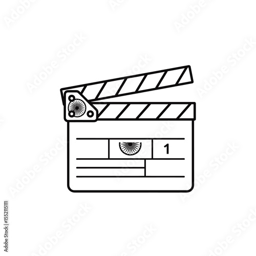 A black and white line drawing of a film clapperboard with the number one on it.