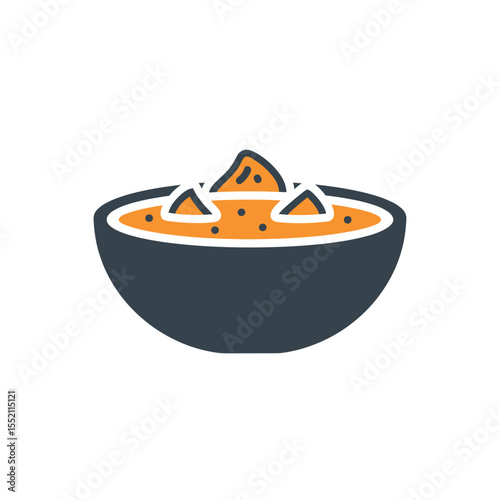 A stylized illustration of a bowl of soup with croutons.