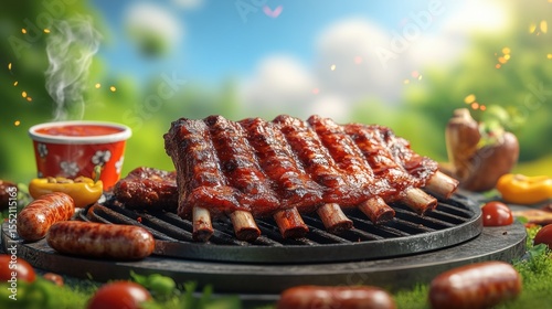 BBQ grill food poster mockup with beef ribs sausages and sauce cup