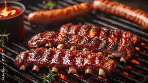 BBQ grill food poster mockup with beef ribs sausages and sauce cup