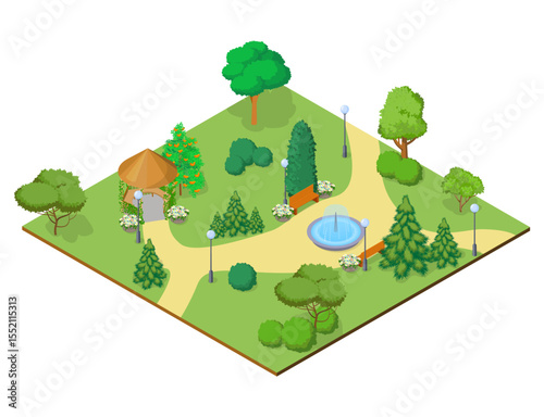Vector illustration of isometric park. Summer park with fountain, gazebo, benches and different types of trees and bushes

