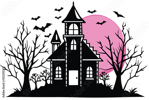 Here's a spooky cartoon illustration of a haunted Halloween house and castle silhouette on a dark hill with bats and a moonlit sky