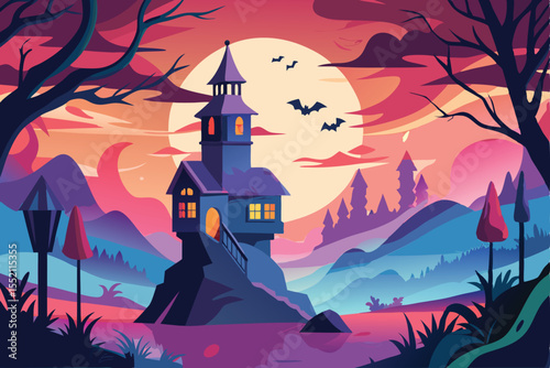 Spooky haunted castle silhouette in the dark autumn woods with bats and a glowing moon, perfect for a Halloween night illustration