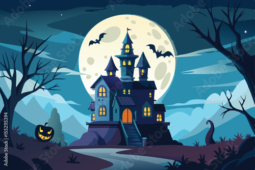 Spooky Halloween night with a haunted house and castle silhouette, bats, and pumpkins under a full moon vector illustration