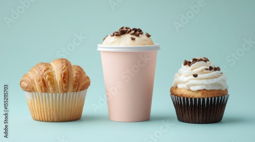 Coffee shop menu poster mockup with hot latte croissant and muffin