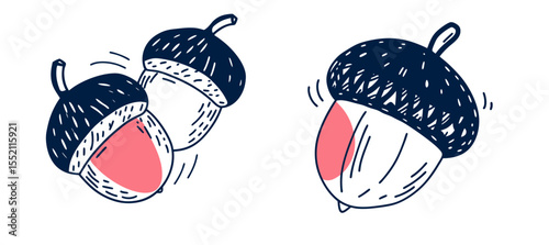 Set of acorns dancing happily with animated expressions on white background  