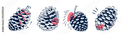 Set of pine cones illustrated in detailed design with red accents  
