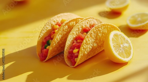 Colorful taco set poster mockup with salsa guacamole and lemon wedges