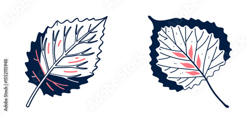 Set of aspen leaves in graphic design with red accents on white background  