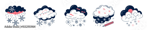 Set of illustrated snow clouds with different rain types in color  