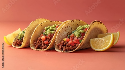 Colorful taco set poster mockup with salsa guacamole and lemon wedges
