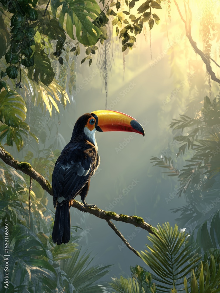Obraz premium Tropical rainforest habitat featuring a toucan perched on a branch during golden hour