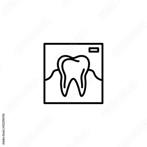 A line art illustration of a tooth visible within a square frame, resembling a dental x-ray.