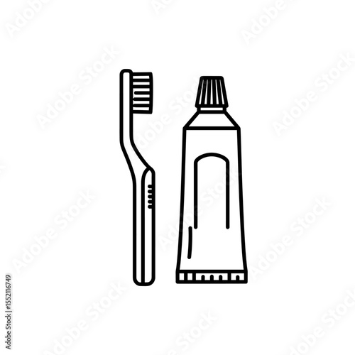 Line drawing of toothbrush and toothpaste tube, essential oral hygiene tools.