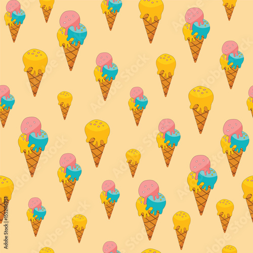 summer seamless pattern with ice cream in waffle cones