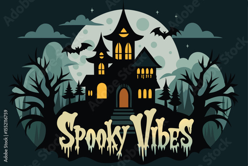 Spooky Halloween night with a haunted castle, bats, and a pumpkin silhouette