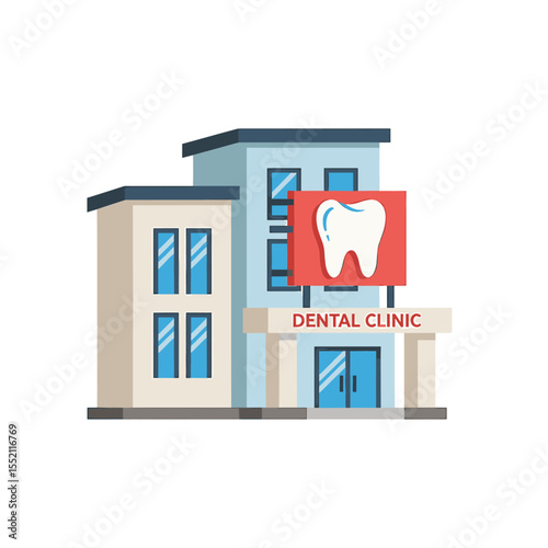 Cartoon illustration of a dental clinic building with a large tooth sign.