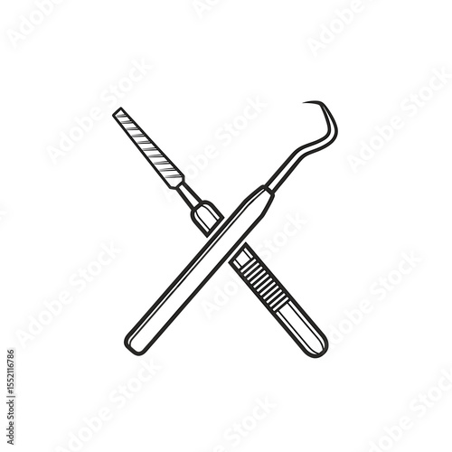Two dental instruments, a file and a probe, are crossed over each other.